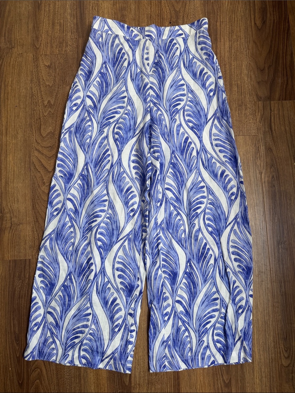 Magaschoni 100% Linen Blue Leaf-Print Wide Leg Pants size Small